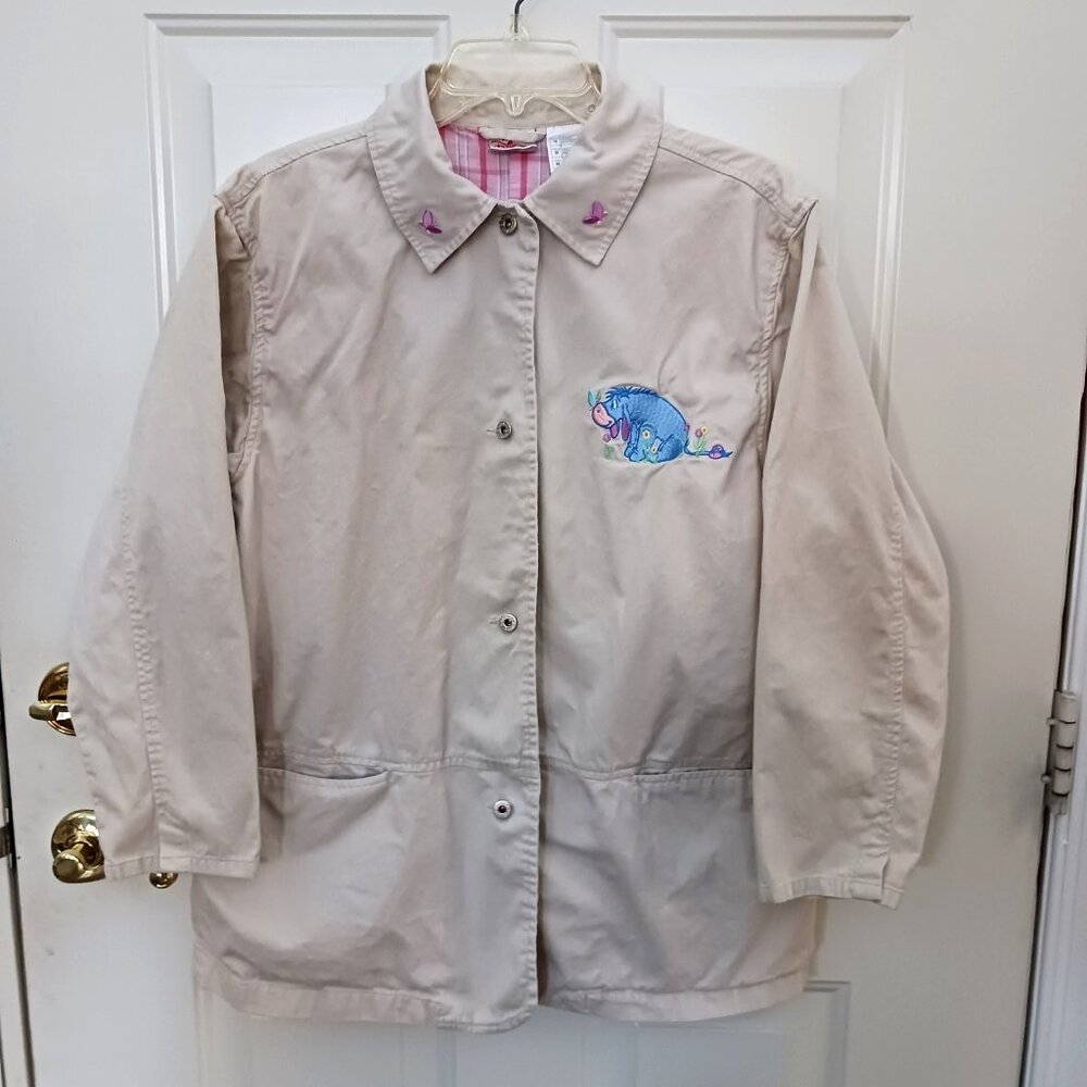 Womens Disney Store Eeyore‎ Embroidered Khaki Jacket Medium Lightweight Plaid